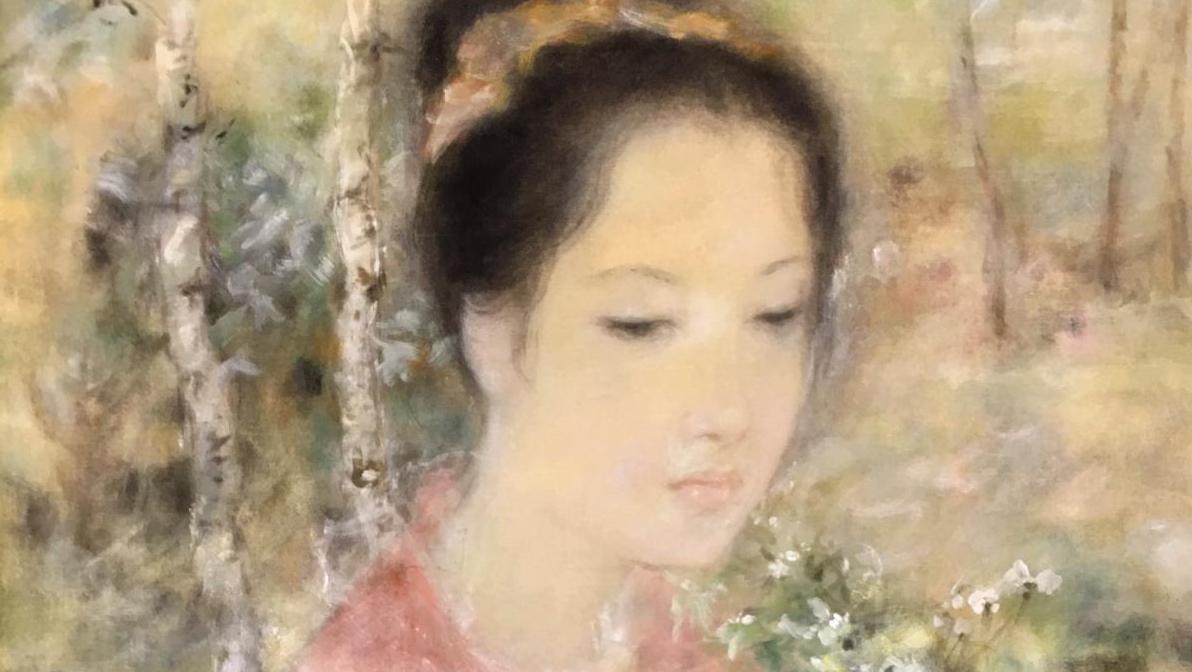 Lê Thi Luu (1911-1988), La Jeune Femme aux fleurs, 1965, gouache sur soie, 26,5 x 22,4 cm.... Lê Thi Luu : le succès toujours au rendez-vous