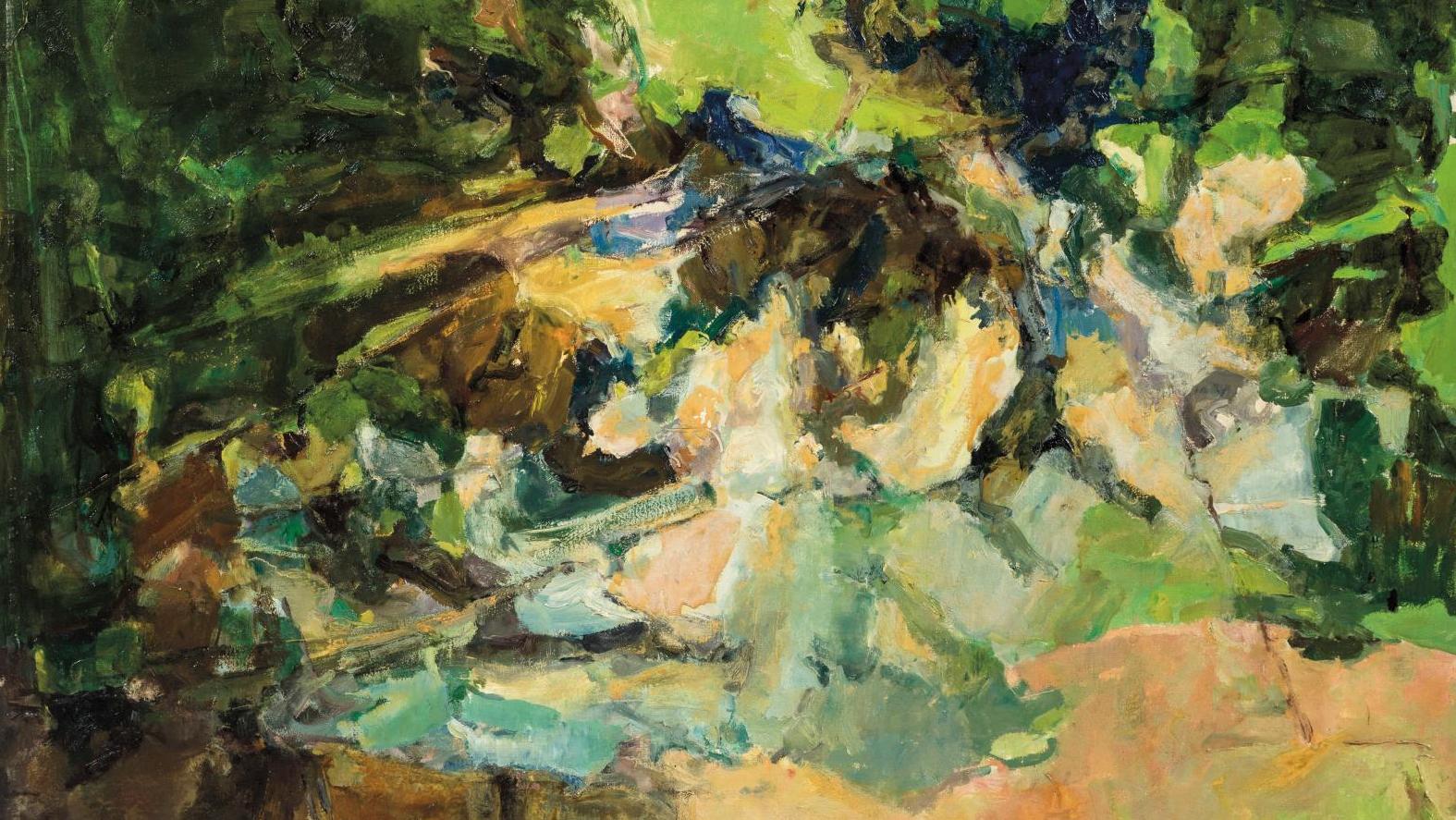 Pierre Montheillet (1923-2011) Paysage abstrait, huile sur toile signée, 146 x 114 cm.... Pierre Montheillet, expert et peintre