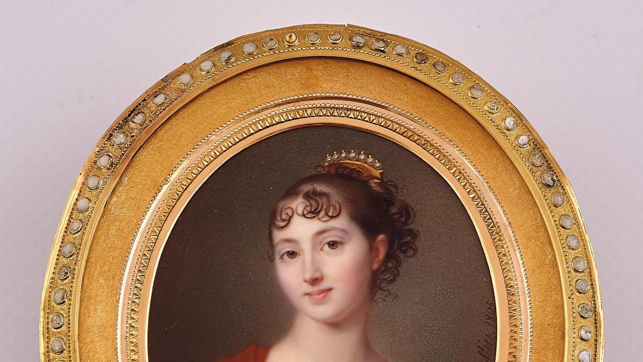 Jean-Baptiste Augustin (1759-1832), Portrait de jeune femme en robe de soie blanche,... Collections Jack Meyer