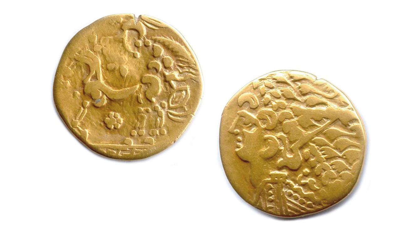 Ambiani, région d’Amiens, IIe-Ier siècle av. J.-C. Statère d’or, 7,54 g, DT 67 et... Dans la bourse de nos ancêtres les Gaulois