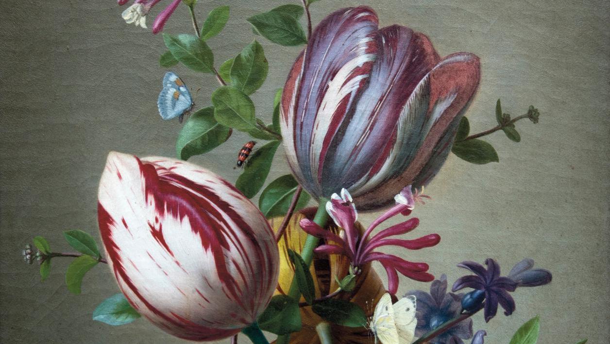 Pierre Étienne Rémillieux (1811-1856), Tulipes panachées, jacinthes bleues, chèvrefeuille... Un bouquet printanier lyonnais de Pierre Étienne Rémillieux