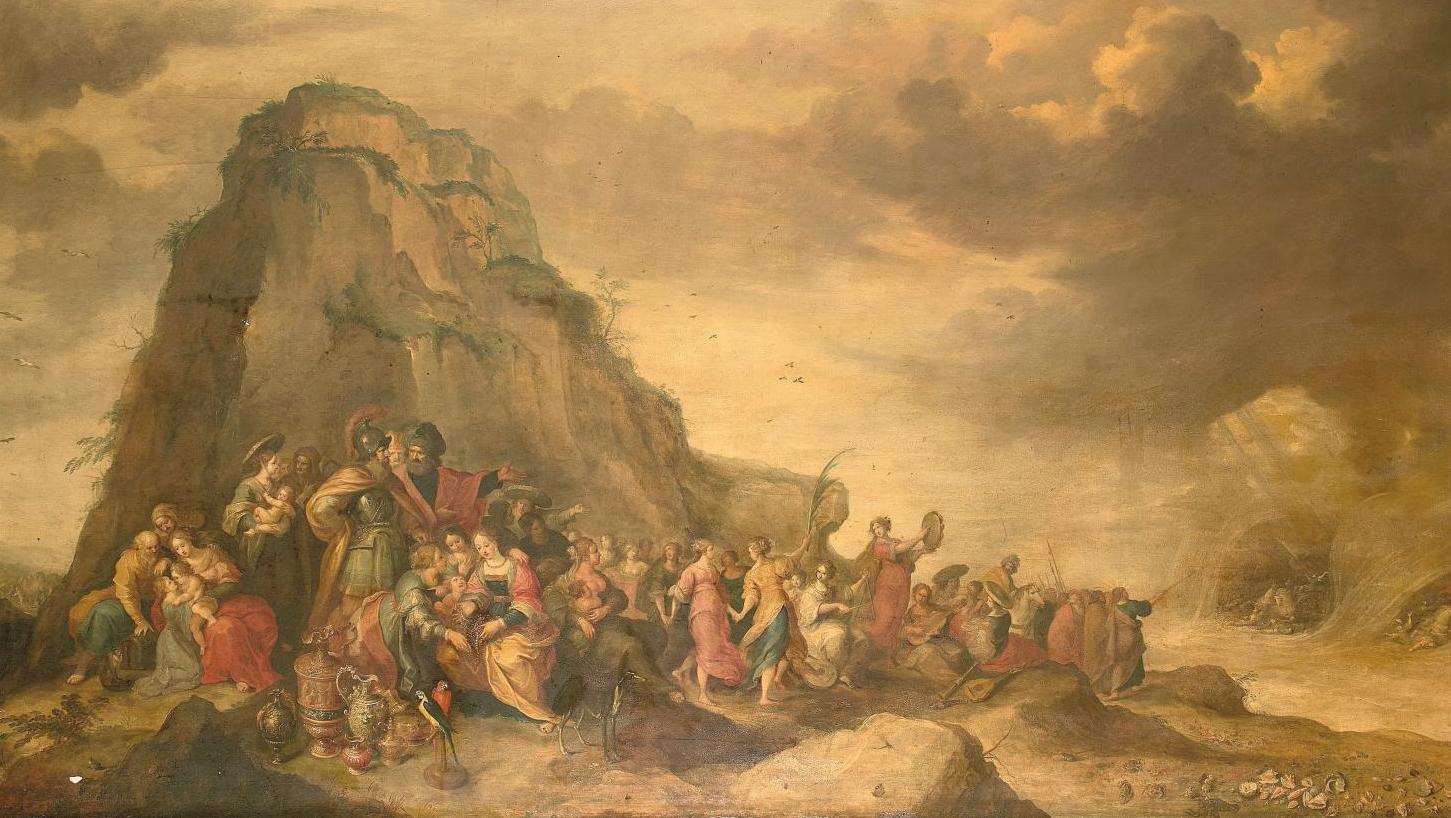 Frans II Francken (1581-1642), Traversée de la mer Rouge, panneau parqueté, présentant... Frans II Francken Has Effortlessly Crossed the Red Sea 