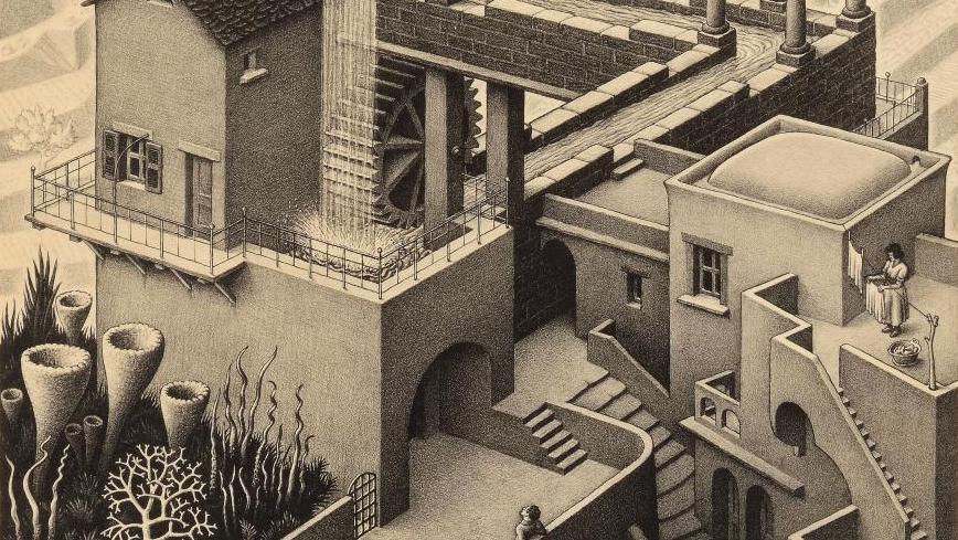 Mauris Cornelis Escher (1898-1972), Chute d’eau, 1961, lithographie sur simili japon... Escher, une nouvelle dimension