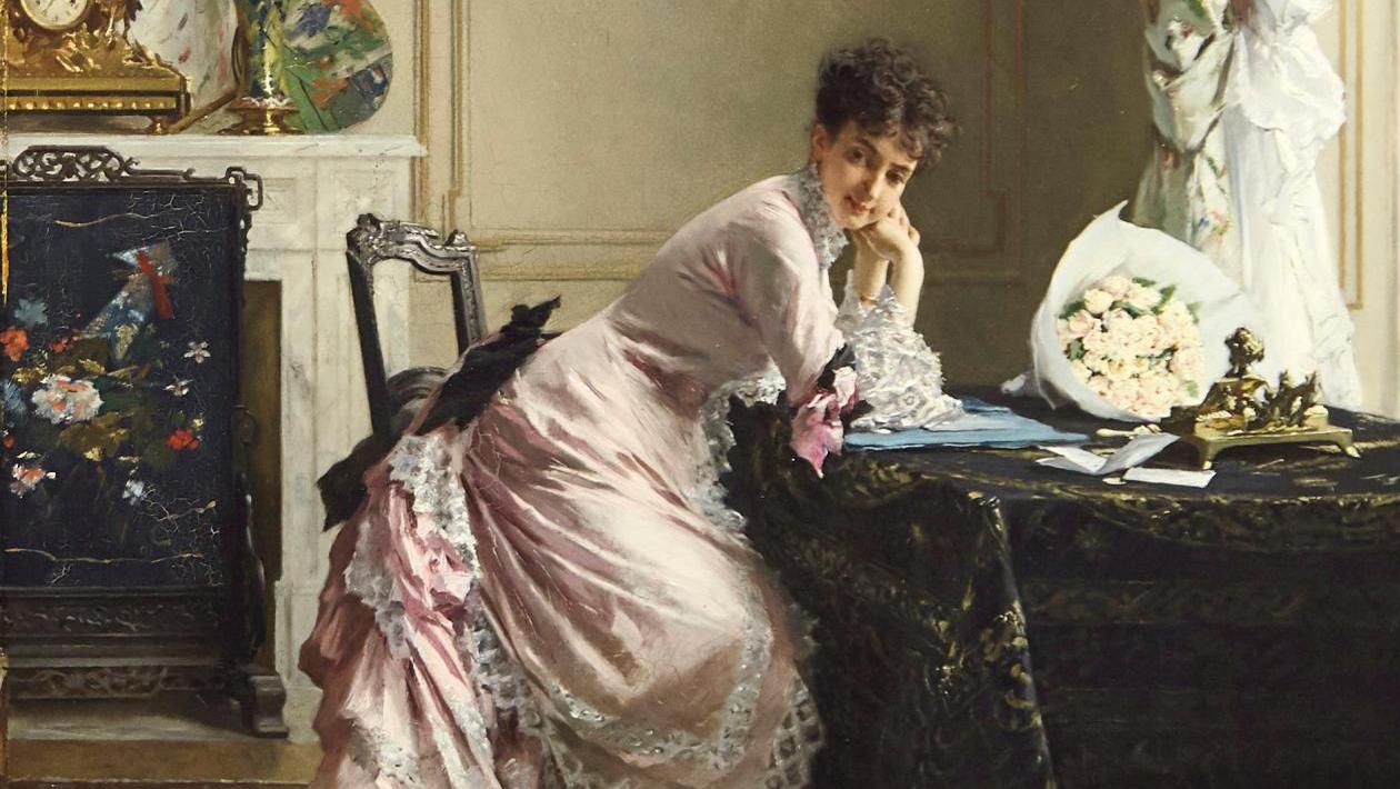 Gustave De Jonghe (1829-1893), La Réponse embarrassante, huile sur panneau d’acajou,... Le monde de raffinement de Gustave De Jonghe