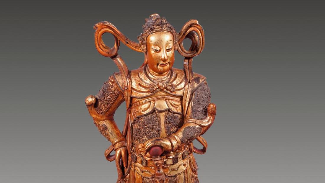 Chine du Sud, dans le style des Ming, XVIIIe siècle. Sculpture en bois doré et polychrome... Sous les auspices martiaux de Guandi