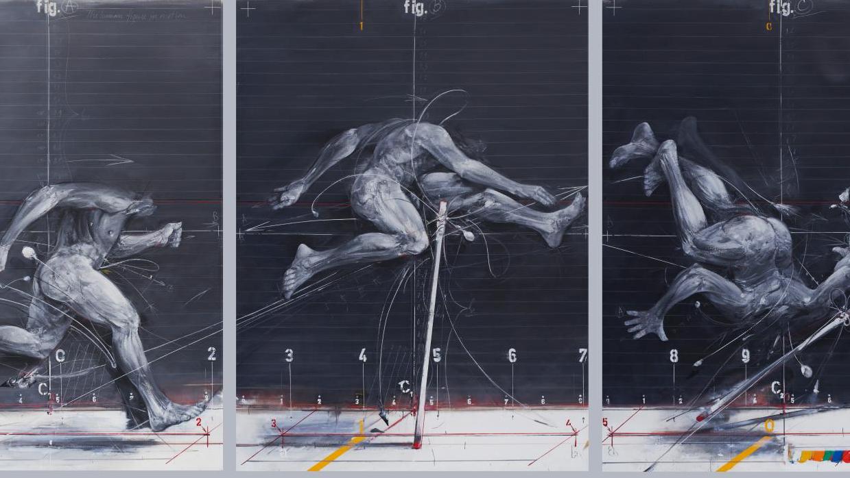Vladimir Velickovic (1935-2019), Trois états du saut, 1975, huiles sur toile, triptyque... Vladimir Velickovic, l’art de sortir du schéma