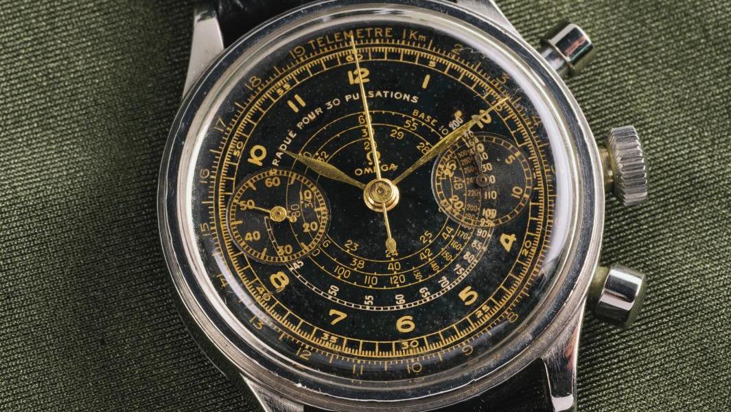 Omega CK2077, chronographe de 1942, boîtier acier n° 9978805, mouvement mécanique... Breguet type 20, à la seconde près