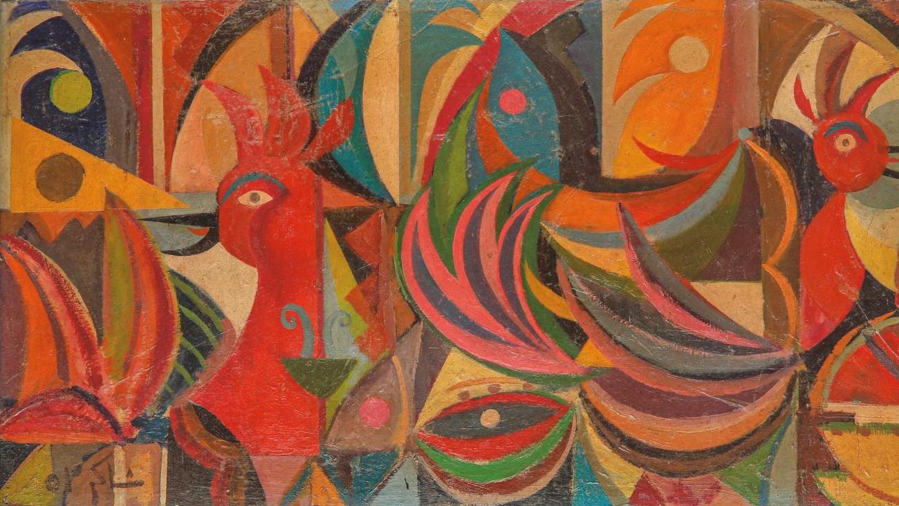 Shakir Hassan Al-Said (1925-2004), Two Red Cockerels (Deux coqs rouges), 1953, huile... Le chant de la révolution picturale en Irak