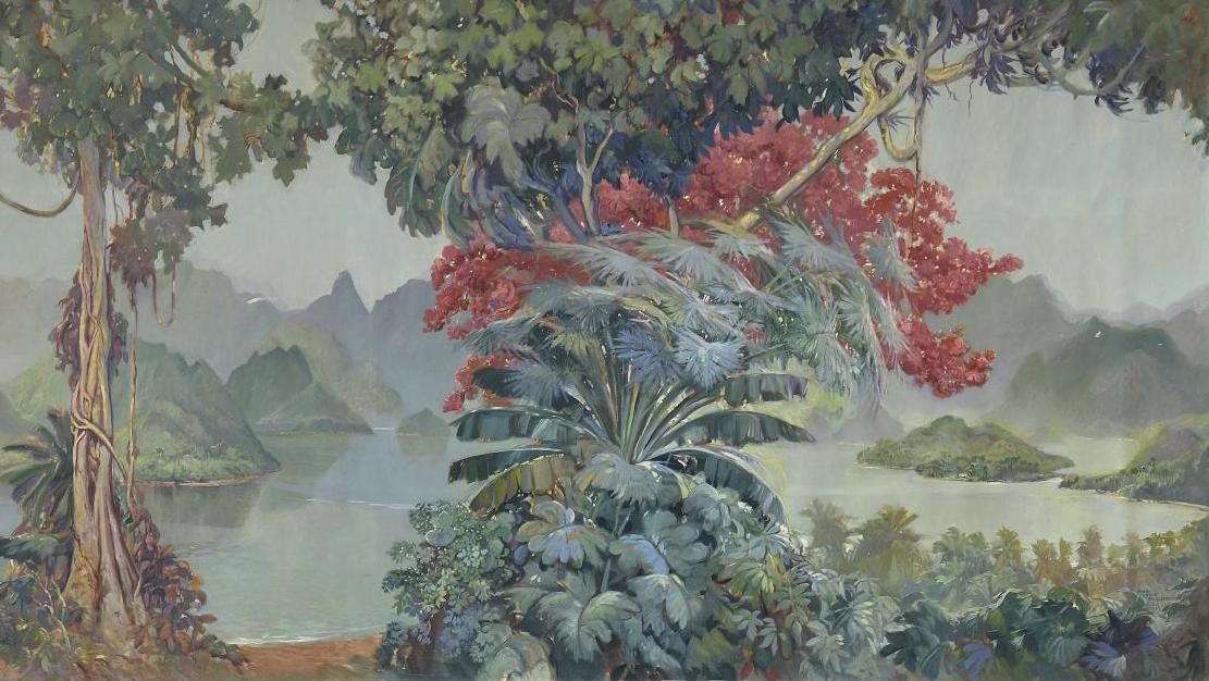Jean-Louis Paguenaud (1876-1952), La Baie d’Along, 1934, huile sur toile, 513 x 203 cm.... Embarquement immédiat avec Paguenaud