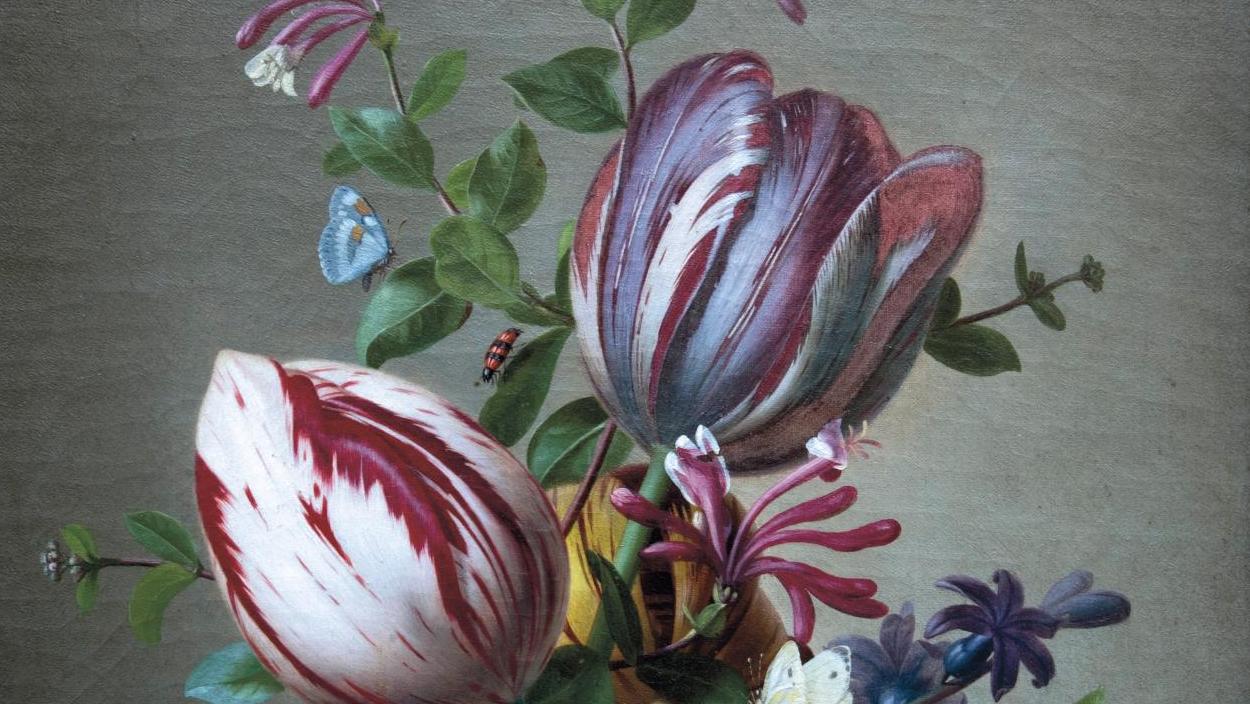 Pierre Étienne Rémillieux (1811-1856), Tulipes panachées, jacinthes bleues, chèvrefeuille... Un bouquet record pour Rémillieux