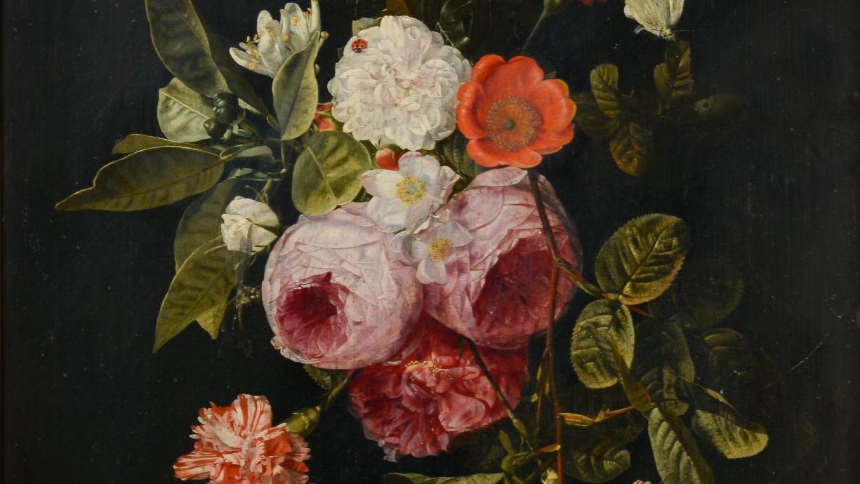Carstian Luyckx (1623-1670), Garland of roses, carnations, orange blossoms, butterflies... Luyckx: Decidedly Living Nature