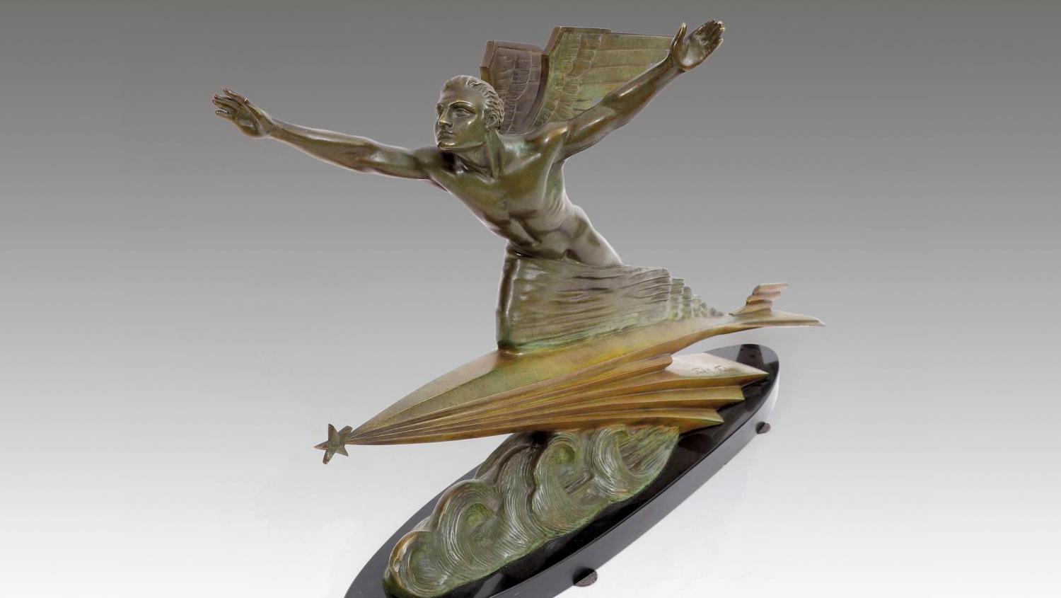 Frederic C. Focht (1879-?), Jean Mermoz ailé sur une étoile filante, bronze à patine... Des arts décoratifs en pleine révolution
