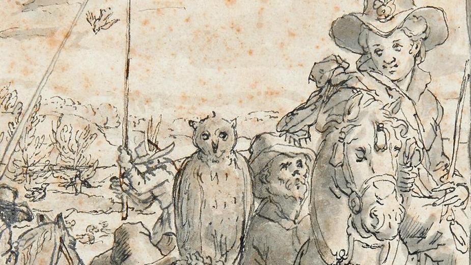 Attribué à Karel van Mander (1548-1606), Départ pour la chasse aux faucons, plume,... Attribuée à Karel van Mandene : une chasse fructueuse