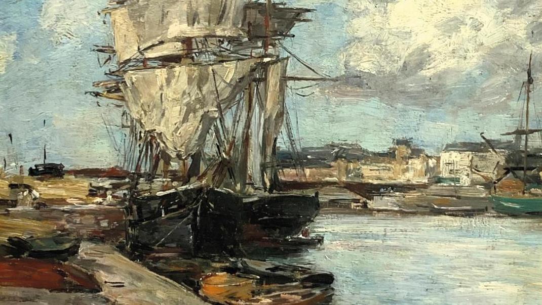 Eugène Boudin (1824-1898), Trouville le port, huile sur panneau signée, 35,5 x 27 cm.... Eugène boudin, peintre de marines