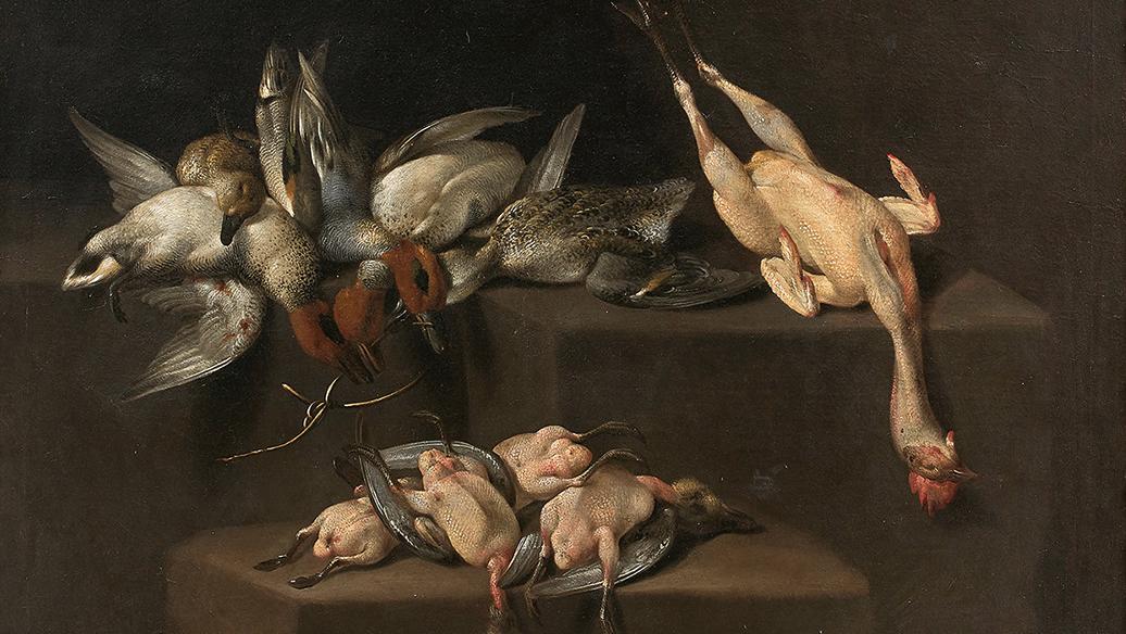 Evaristo Baschenis (1617-1677), Volailles sur un entablement, huile sur toile, 90,5 x 125,5 cm.... Intérieur de cuisine