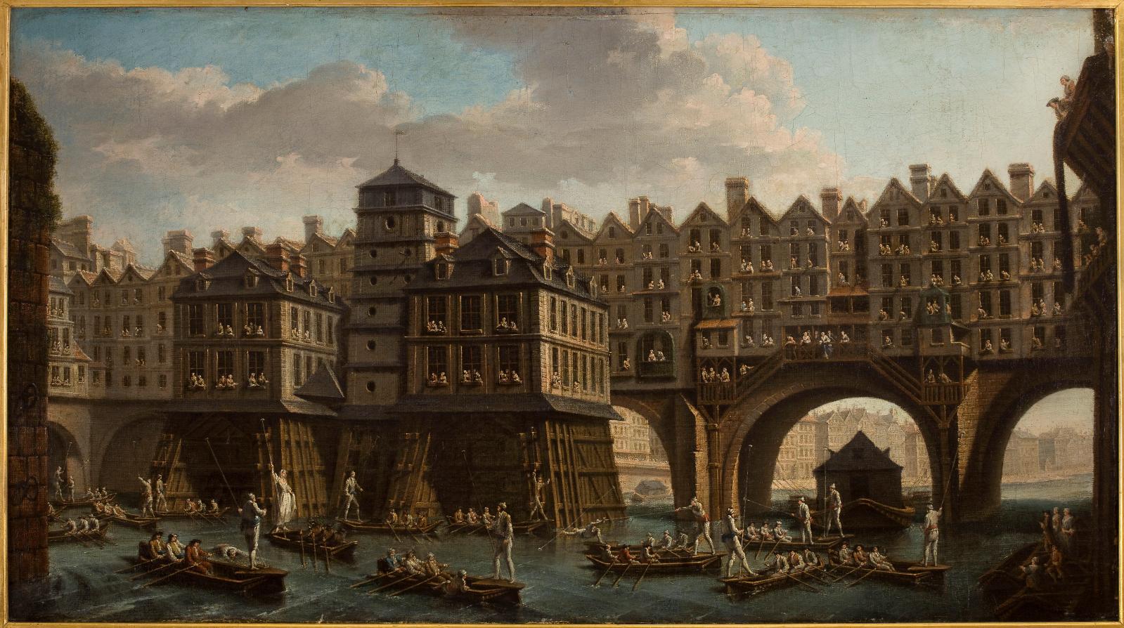 Nicolas-Jean-Baptiste Raguenet, La Joute des mariniers, entre le pont Notre-Dame et le pont au Change, 1756, huile sur toile, Paris, musée Carnavalet.
