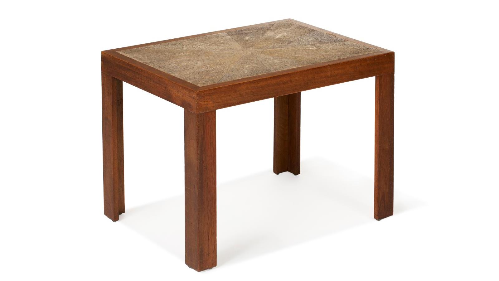 Jean-Michel Frank (1895-1941), low table in walnut, top in grey/beige galuchat, 40... G is for Galuchat