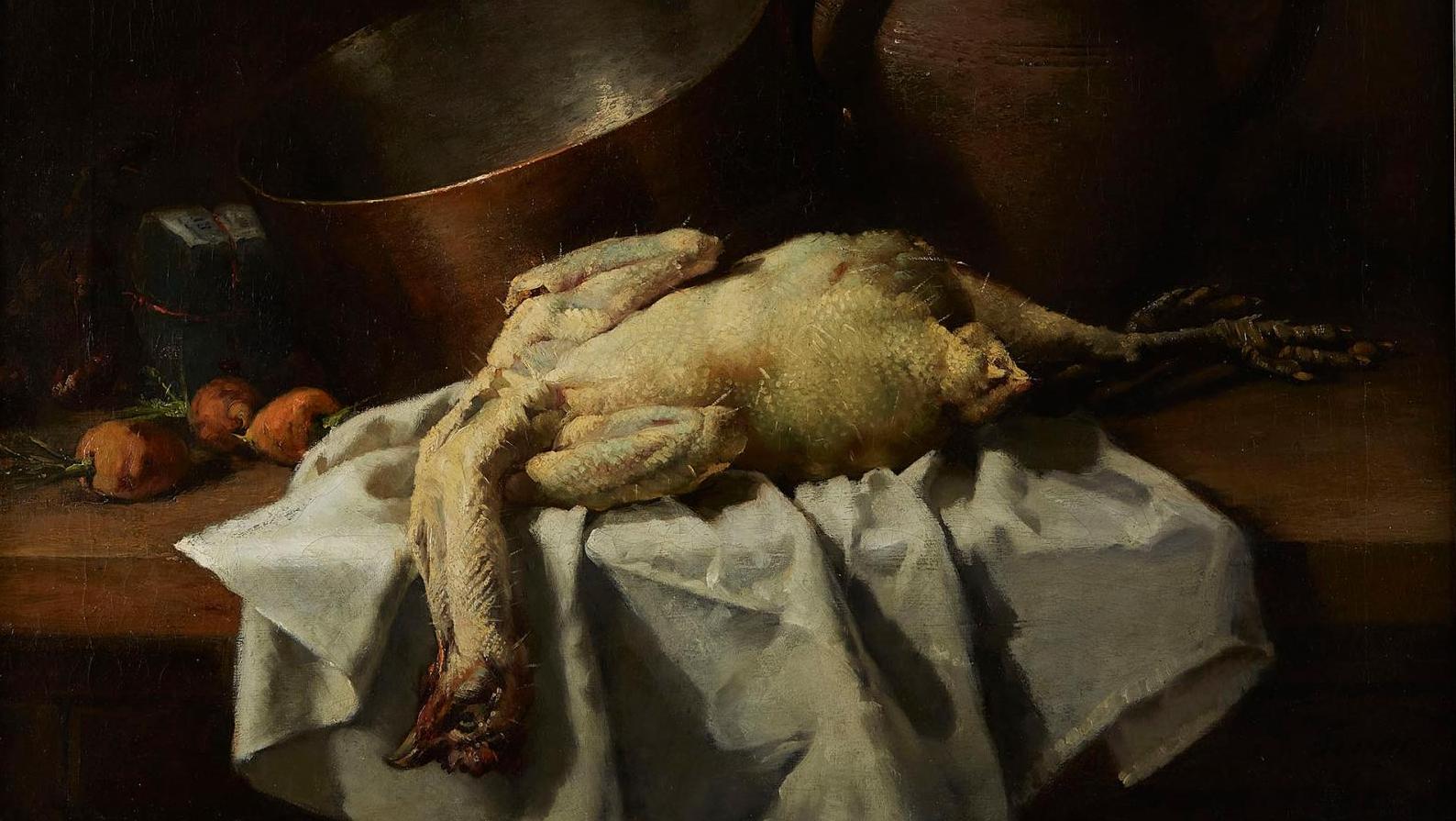 Guillaume Fouace (1827-1895), Nature morte à la poule, carottes et cuivre, 1877,... Guillaume Fouace, plus vrai que nature
