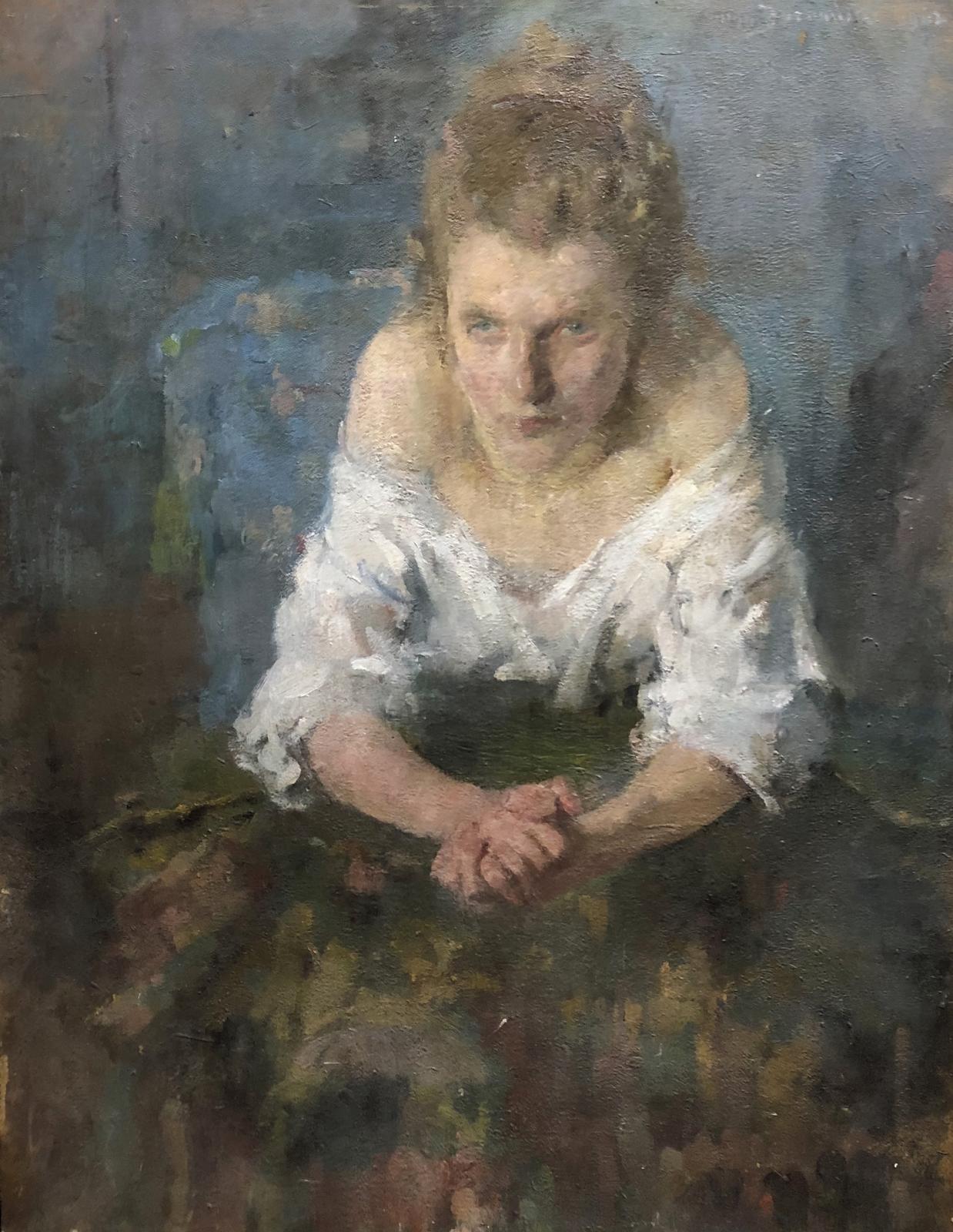 Olga Boznanska (1865-1940), Femme à la blouse blanche, 1905, huile sur carton, datée et signée, 68 x 53 cm (accidents et manques). Adjugé : 104 160 € 