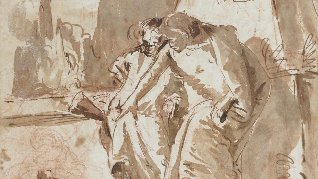 Lorenzo Tiepolo (1736-1776), Deux personnages devant un mausolée pyramidal, plume... Tiepolo de retour à Paris