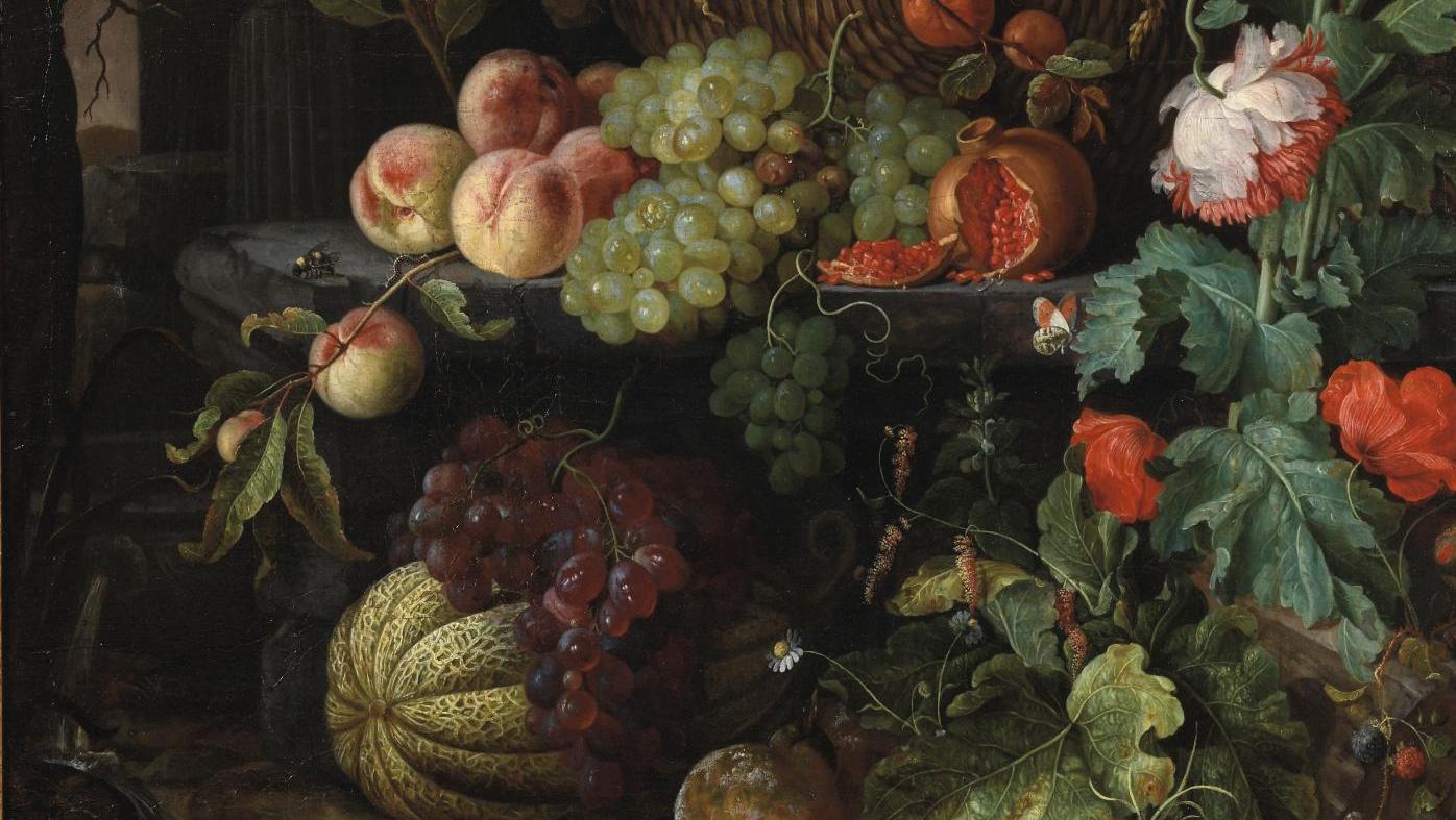 Hendrik Schoock (1630-1707), Nature morte à la corbeille de fruits et fleurs sur... Éloge de la biodiversité