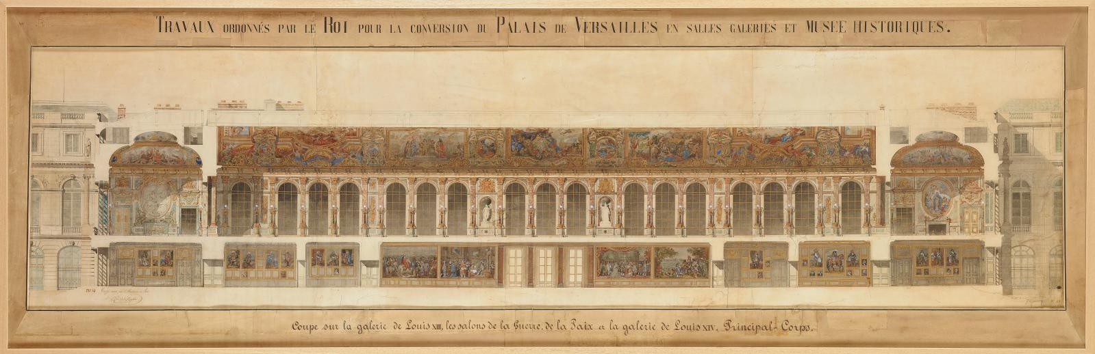 Coupe de la galerie des Glaces, des salles des maréchaux, guerriers célèbres, 1834, projet historique de Frédéric Nepveu, musée des châteaux de Versai