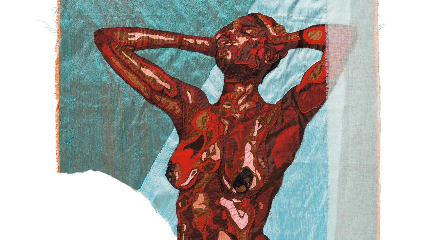 Billie Zangewa (née en 1973), Cold Shower, 2019, soie brodée, 107 x 101 cm. © Courtesy... Billie Zangewa, Soldier of Love chez Templon