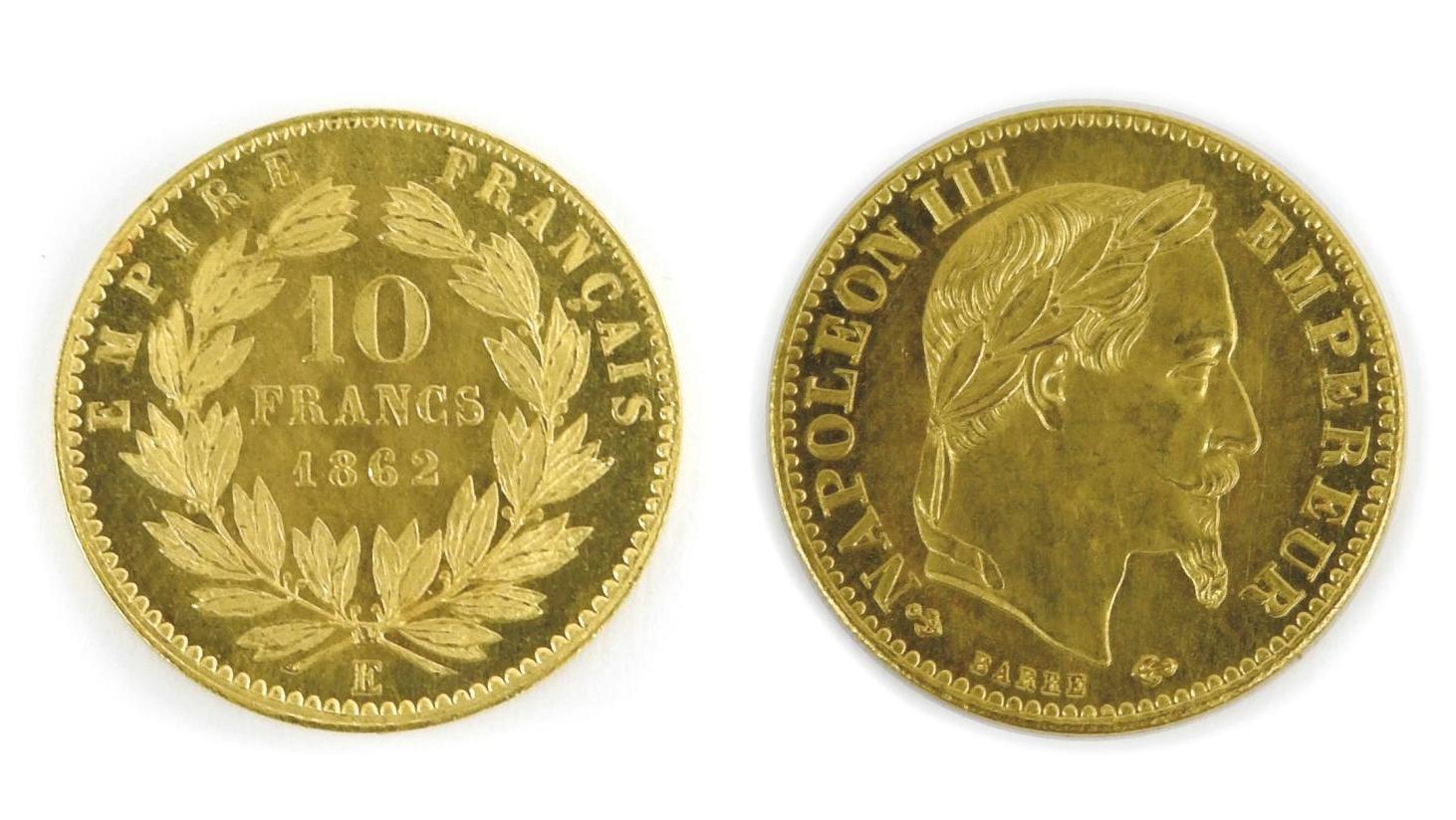Pièce de 10 francs or de Napoléon III, tête laurée, 1862 E (essai). Adjugé : 33 600 €... Numismatique impériale et royale à travers les siècles