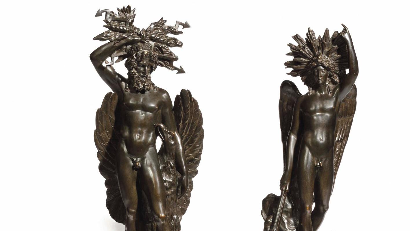 Milieu du XIXe siècle, paire de groupes en bronze à patine brune représentant la... Minerve, Apollon et Jupiter
