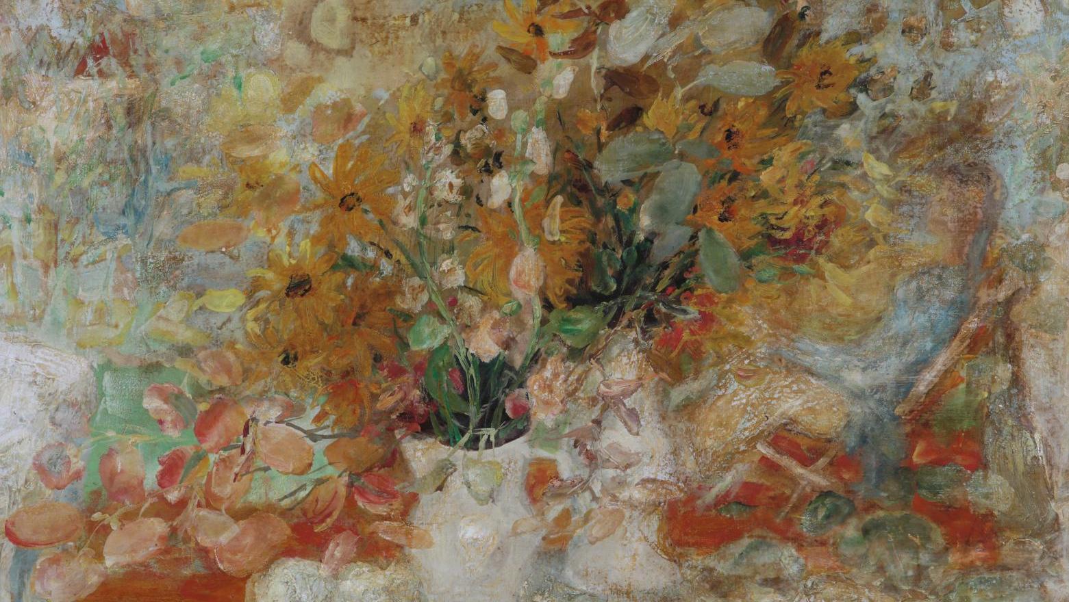 Lé Phô (1907-2001), Femme au repos parmi les fleurs, huile sur Isorel, signée et... Comme dans un rêve avec Lé Phô