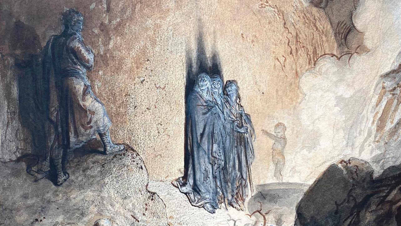 Gustave Doré (1832-1883), Macbeth dans la grotte des sorcières, vers 1866-1870, technique... Quand le crayon de Doré rencontre le texte de Shakespeare