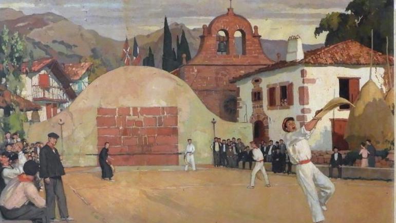 François-Maurice Roganeau (1883-1973), Scène de chistera sur le fronton de Bidarray,... Scènes de vie quotidienne et de fête au Pays basque