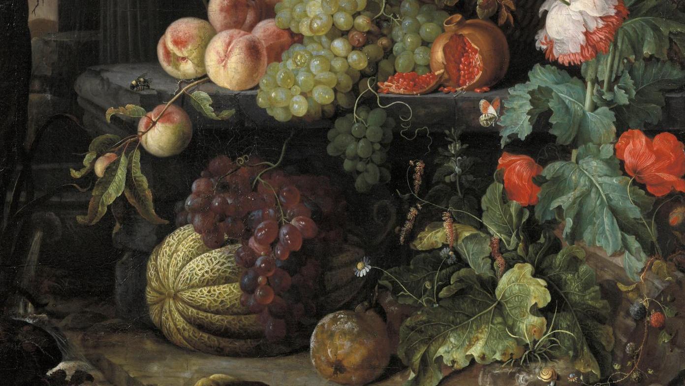 Hendrik Schoock (1630-1707), Nature morte à la corbeille de fruits et fleurs sur... Trésors d’un collectionneur italien, de la Sérénissime aux Pays-Bas