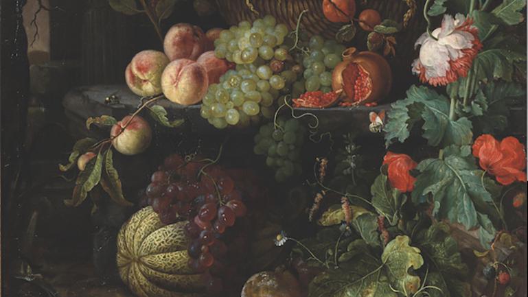 Hendrik Schoock (1630-1707), Still life with basket of fruit and flowers on an entablature,... Treasure of an Italian Collector 
