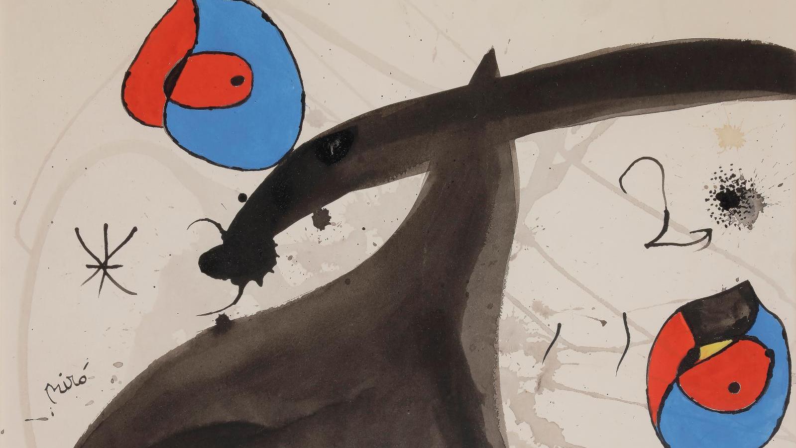 Joan Miró (1893-1983), Femme, oiseaux, 1974, gouache et encre, 36 x 52 cm (détail).... Gaston Diehl, un passeur discret et influent