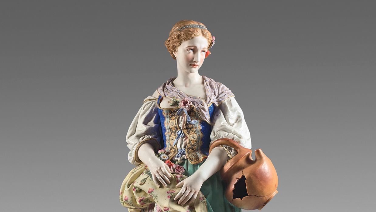 Statuette en porcelaine polychrome représentant Perrette et le pot au lait ou La... Innocence perdue