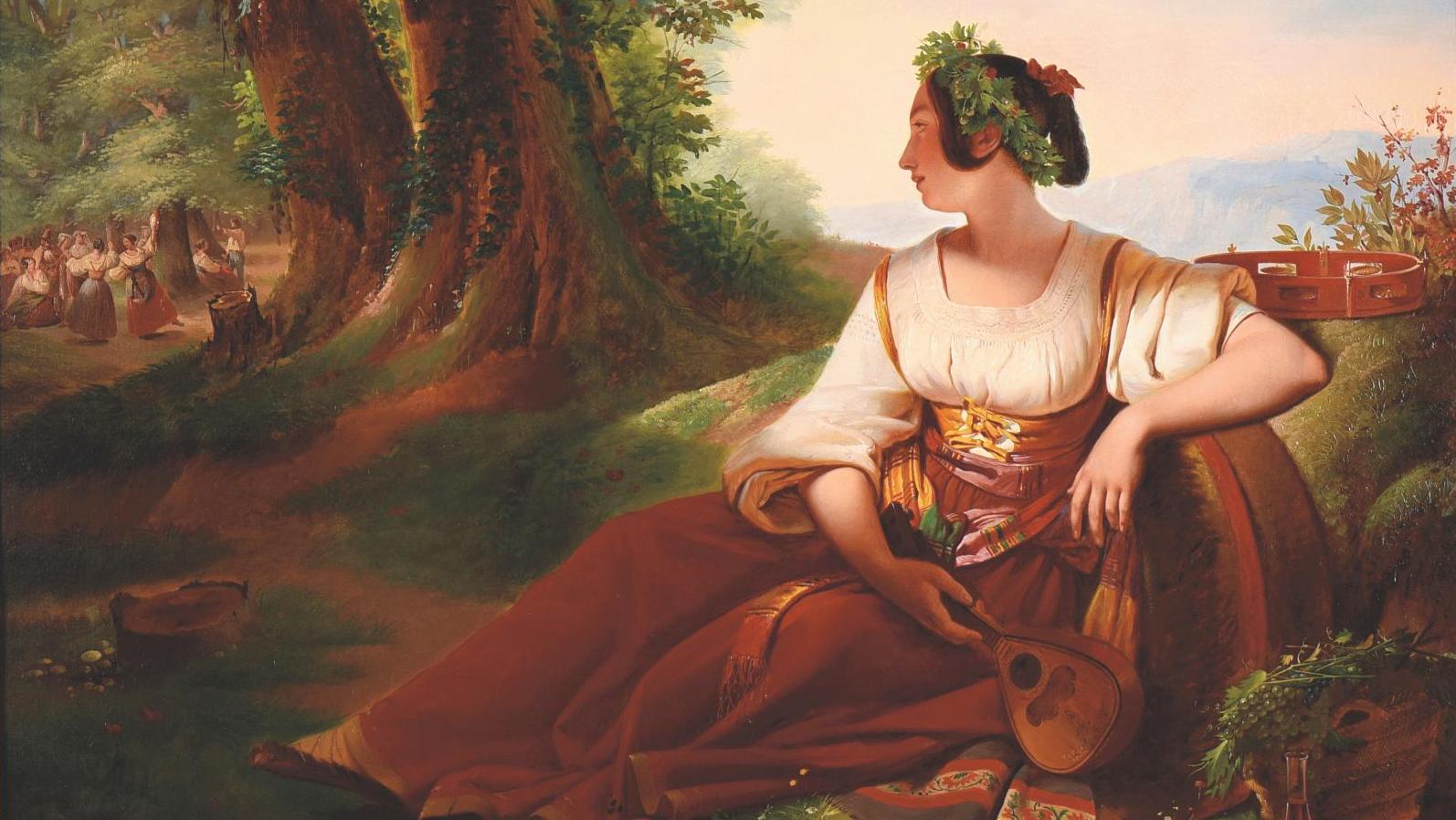 Claude Bonnefond (1796-1860),  L’Attente, huile sur toile, signée et titrée, 66 x 83 cm.... De l’Italie rêvée de Bonnefond  à une nature morte inédite de Braque