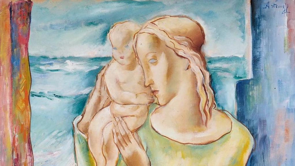 Georges Artemoff (1892-1965), Mère et son enfant, huile sur carton, signée en haut... Georges Artemoff, vision de maternité
