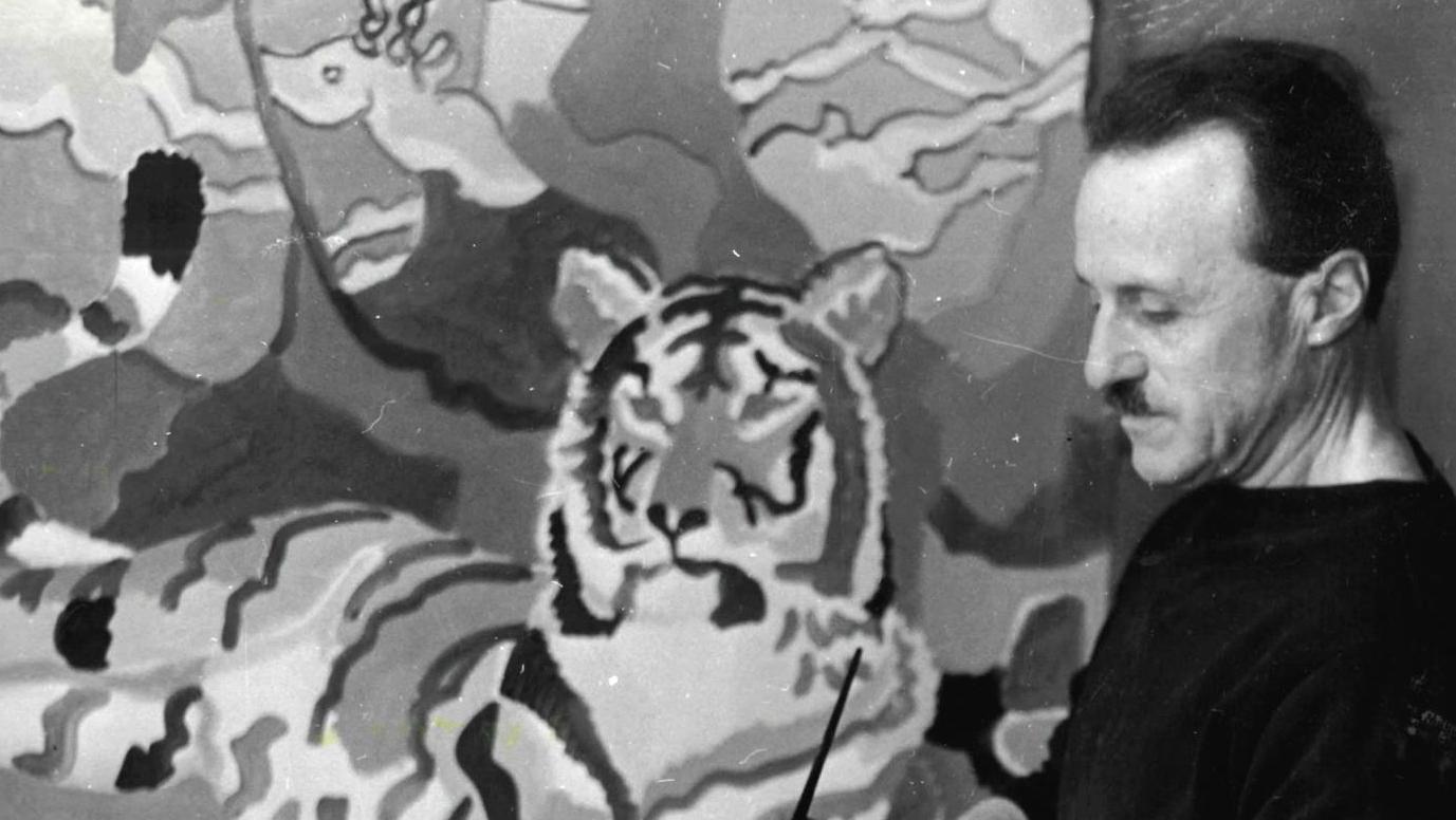 René Pari (actif au XXe siècle), Lapicque peignant le portrait d’un tigre, tirage... De précieux témoignages de Lapicque et Marie Curie