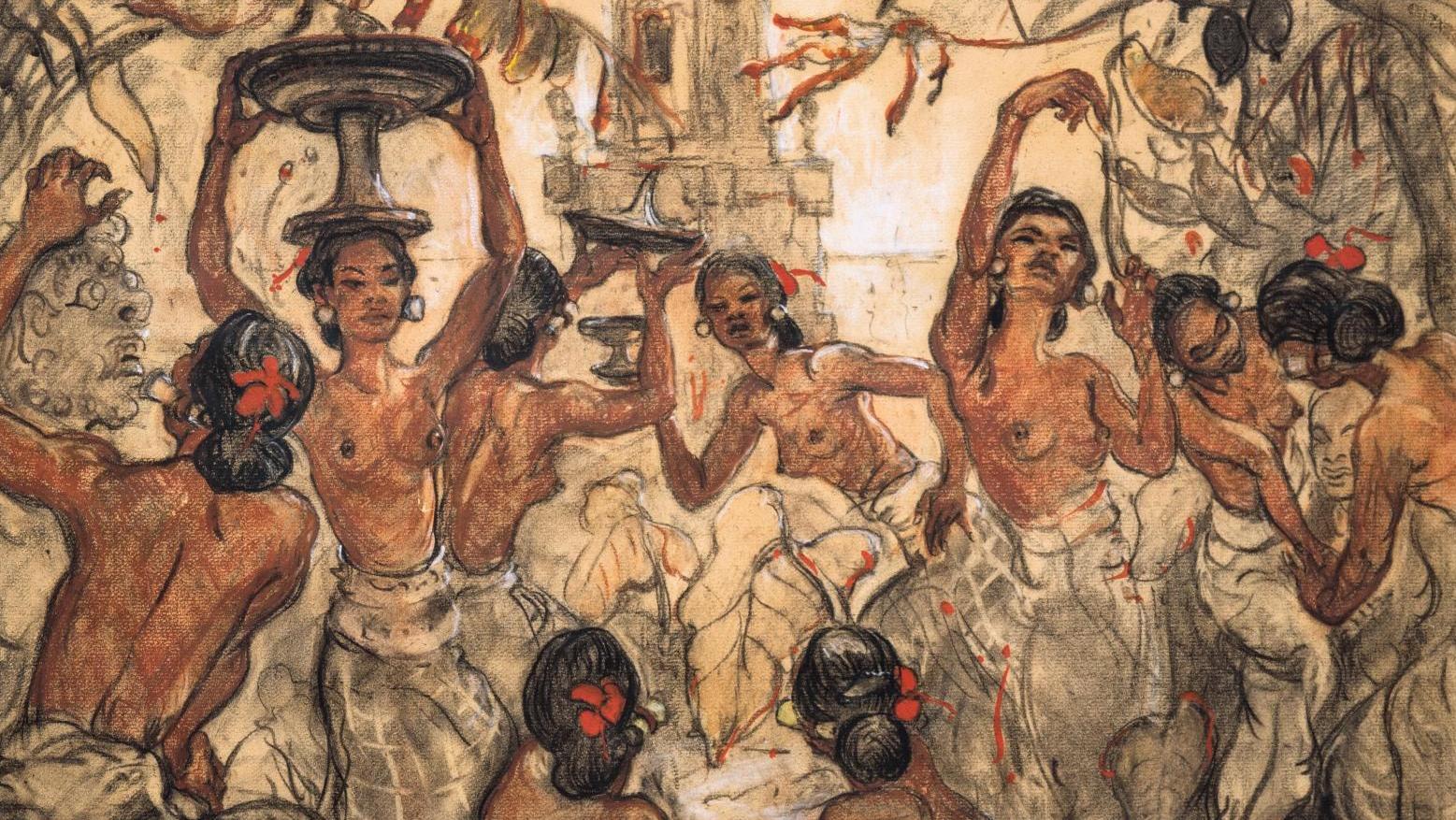 Adrien-Jean Le Mayeur (1880-1958), Danseuses, dessin au fusain, sanguine, craie blanche et... Les charmes sacrés de l’Asie et la saga impériale en France