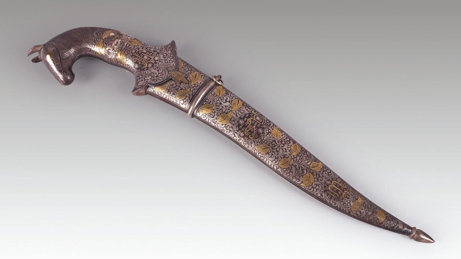 Persian Pech Quabz knife, 19th century, iron handle and scabbard with gold and silver... D as in Damascene