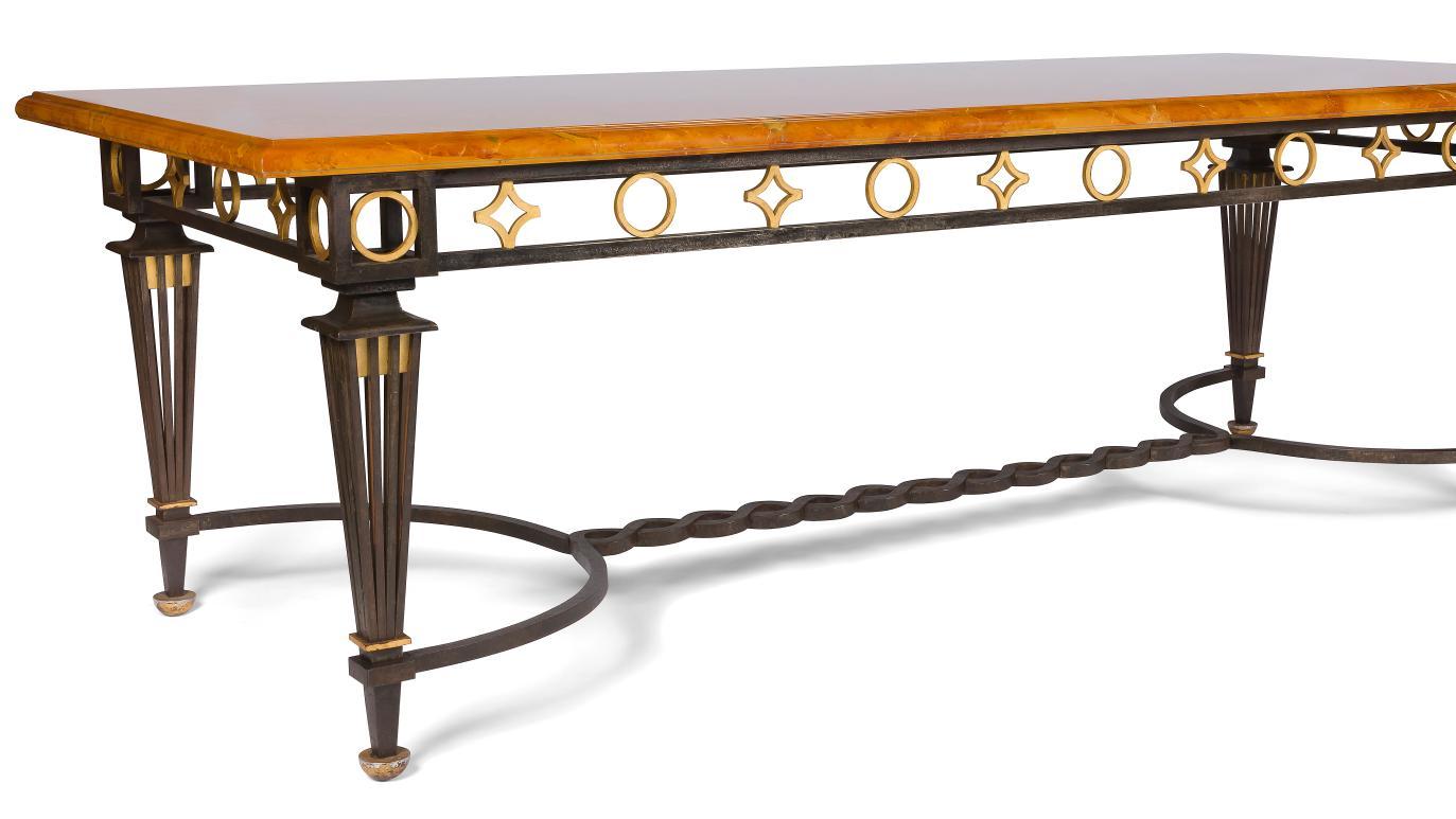 Gilbert Poillerat (1902-1988), patinated wrought iron dining table with gilt ornamental... Gilbert Poillerat: Wrought Iron Craftsman and Interior Designer 