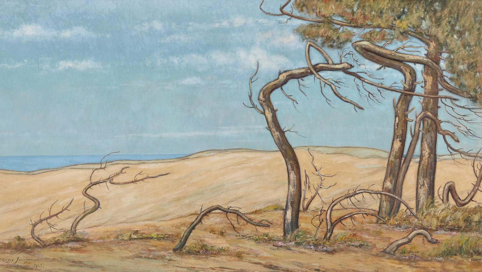Jean-Roger Sourgen (1883-1978), Pins noueux sur la dune, 1942, huile sur toile, 110 x 200 cm.... Hossegor, paradis landais