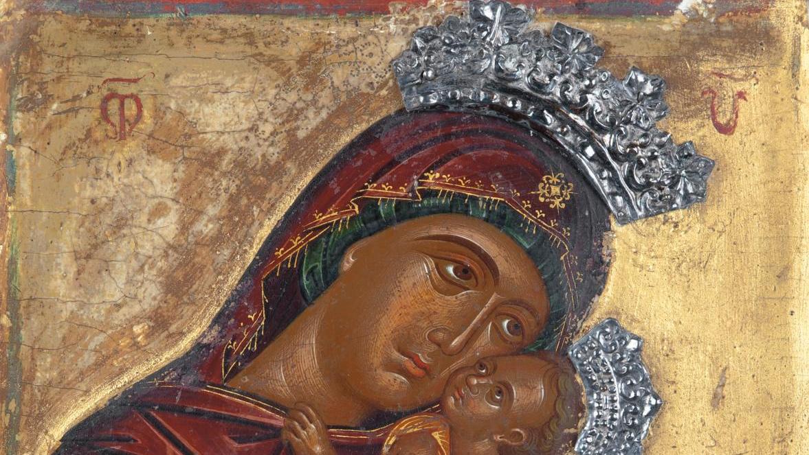 Crète, vers 1500. La Mère de Dieu Glycophilousa, tempera sur tissu et bois, fond... Une icône crétoise vers 1500
