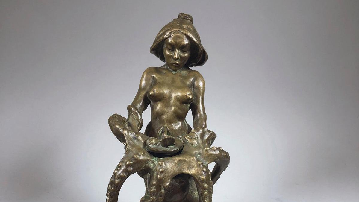 Rupert Carabin (1862-1932), Sirène et pieuvre, rare sculpture en bronze formant encrier,... Carabin et la femme objet 