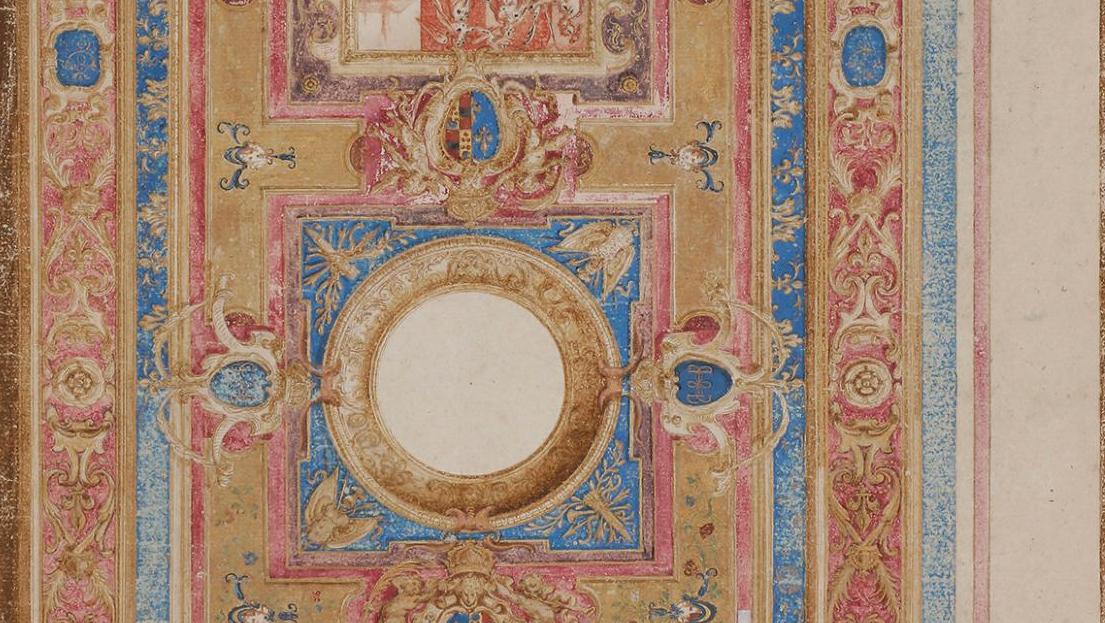 Attribué à Nicolas Duchesne (actif à Paris au début du XVIIe siècle), Projet de plafond... Aux armes de Marie de Médicis...
