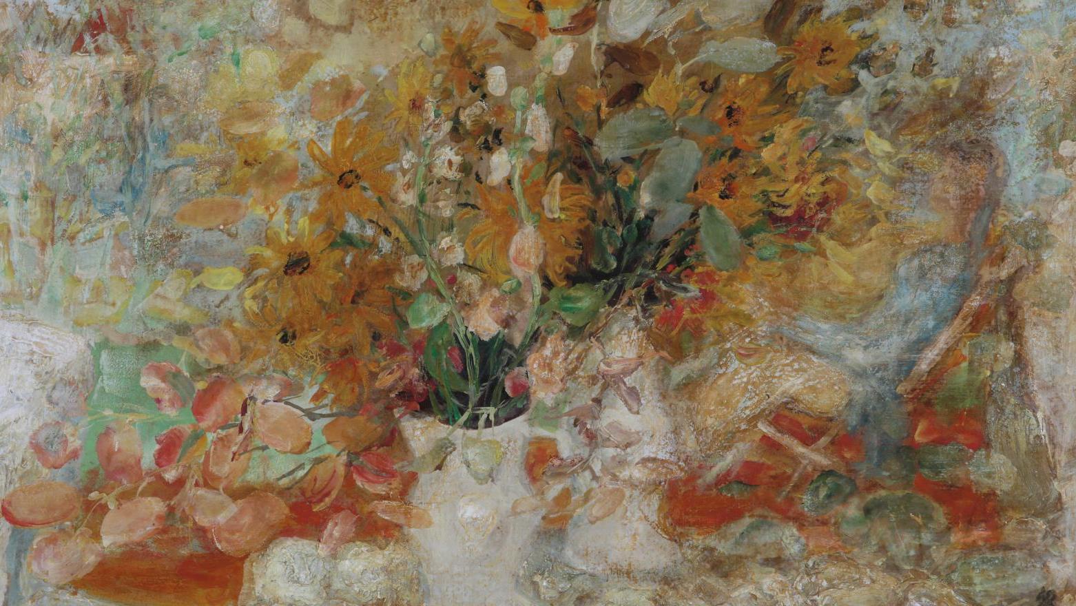 Lé Phô (1907-2001), Femme au repos parmi les fleurs, huile sur Isorel, signée et... Impressions d’Asie avec Lé Phô, Paniker et Zalameda