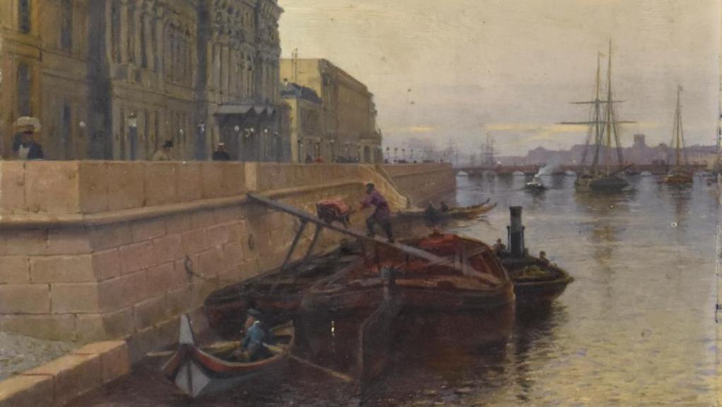 Alexis Petrovitch Bogoliouboff (1824-1896), Déchargement du bois sur le quai du Palais... Bogoliouboff dans la Venise du Nord