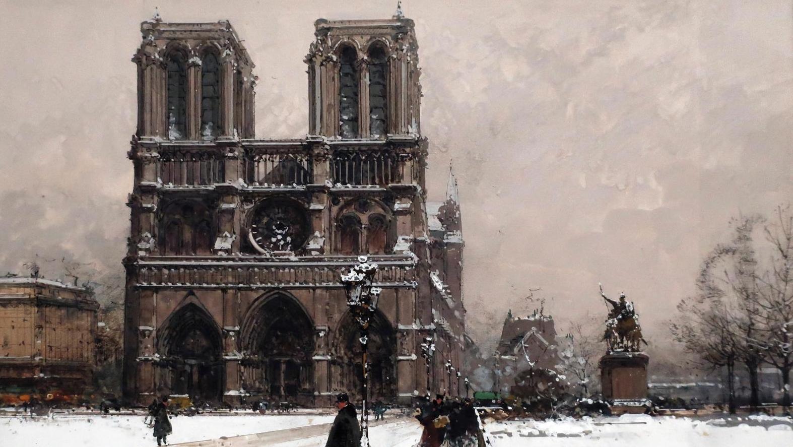 Eugène Galien-Laloue (1854-1931), Notre-Dame de Paris, gouache signée en bas à gauche,... Notre-Dame sous la neige par Galien-Laloue