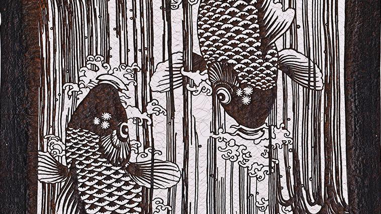 Katagami à décor de carpes – papier, jus de kaki, fils, laque –, Japon, ère Meiji,... Le Printemps asiatique : une édition numérique